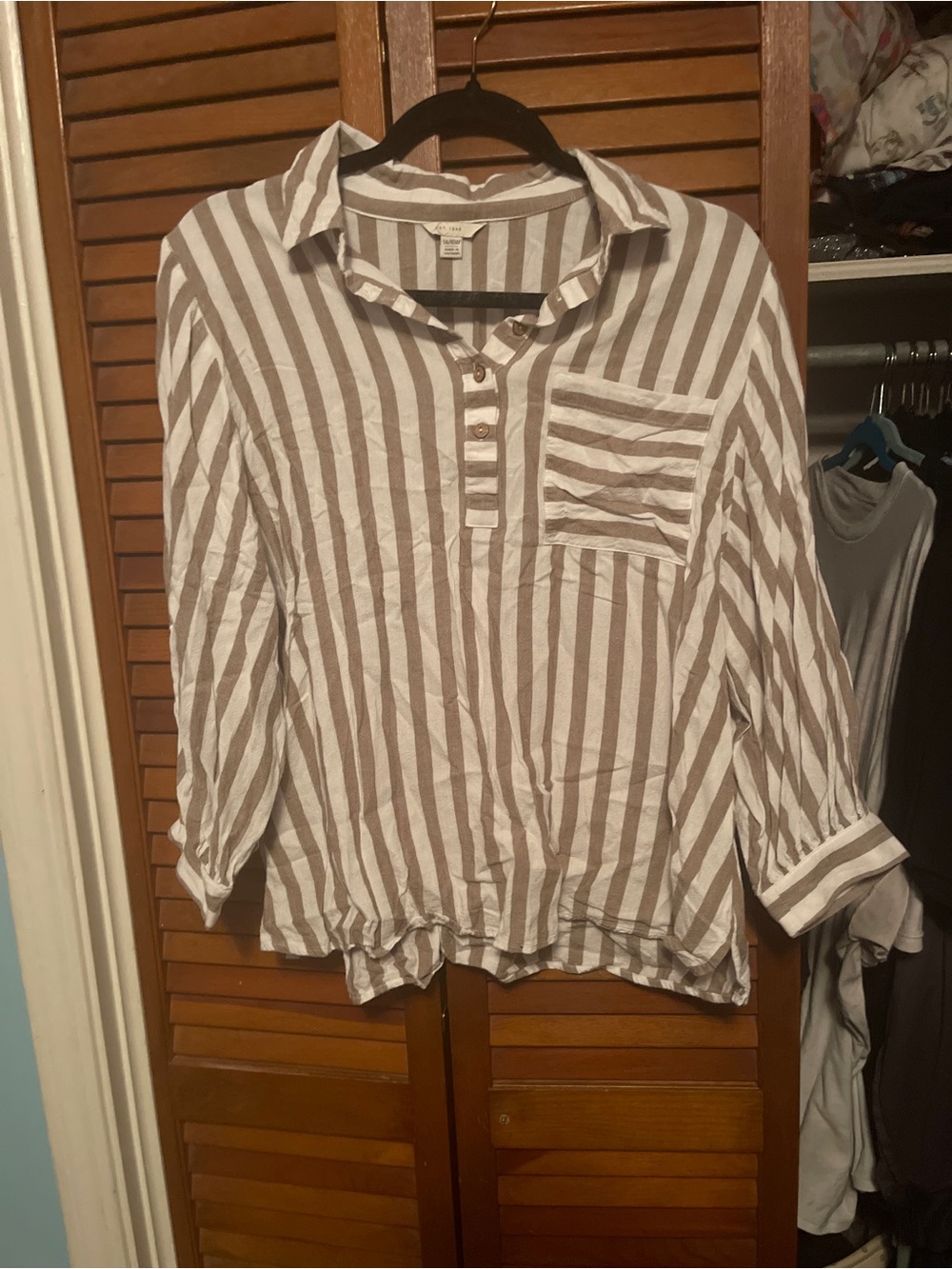 Cato Beige and White Striped Button-Front Women's Top